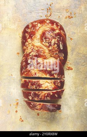 Braided, sweet bread pie, with sliced almonds, breakfast, braided bread, brioche, on a light background, top view, no people Stock Photo