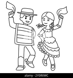 Cute cartoon children dancing Cueca, traditional dance in Chile. Boy and girl in national costumes. Black and white outline for coloring, vector illus Stock Vector