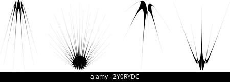 Black thin spiky element set. Abstract sharp thorn shapes and angular twinkles bundle. Futuristic spoke objects for poster design, collage, banner, badge, logo, card, icon, label, sticker. Vector Stock Vector