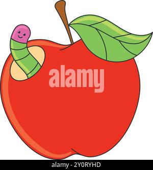 Red apple with a smiling worm. Vector illustration in cartoon style ...