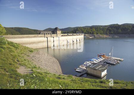 Eder dam with marina and boats, low water, dam wall, shore, landscape, Edersee, Hesse, Germany, Europe Stock Photo