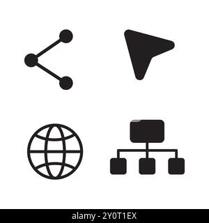 Navigation and network icons. Share and connection symbols. Minimalist black shapes. Vector graphics. Stock Vector