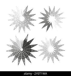 Abstract starburst icons. Four unique geometric patterns. Black and white gradient effects. Dynamic spiked shapes. Stock Vector