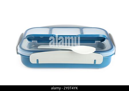 Plastic lunch box and spork isolated on white Stock Photo