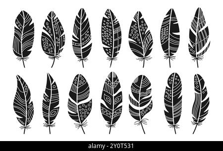 Feather monochrome stamp set. Doodle stylized bird feathers with ethnic boho folk outline ornamental patterns. Design decorated birds feathers abstract silhouette art. Isolated vector illustration Stock Vector