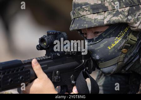 A Republic of Korea Marine with 1st ROK Marine Division aims down his sights while setting security during exercise Ssang Yong 24 in Pohang, South Korea, Sept. 1, 2024. Exercise SY24 strengthens the Republic of Korea-U.S. alliance through bilateral, joint training, contributing toward combined amphibious capability in defense of the Korean Peninsula.  (U.S. Marine Corps photo by Cpl. John J. Simpson) Stock Photo