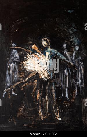 An expressive abstract painting of ballet dancers in motion, featuring bold brushstrokes and a dark background, ideal for dance and performance-relate Stock Photo