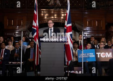 London, UK. 03rd Sep, 2024. Conservative Party leadership candidate and Shadow Security Minister Tom Tugendhat launches his campaign at the Royal Horseguards Hotel. Credit: SOPA Images Limited/Alamy Live News Stock Photo