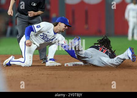 September 3, 2024: Kansas City Royals shortstop Bobby Witt Jr. (7) works to make the tag on Cleveland Guardians third baseman Jose Ramirez (11) at second base during the seventh inning at Kauffman Stadium in Kansas City, MO. David Smith/CSM Stock Photo