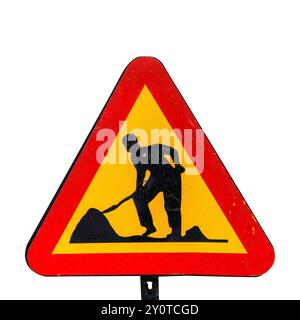 Road work ahead warning sign isolated on white background with clipping path Stock Photo