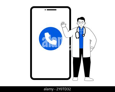 Medical health care call center consultation phone hospital medical professional service doctor standing large smartphone Stock Vector