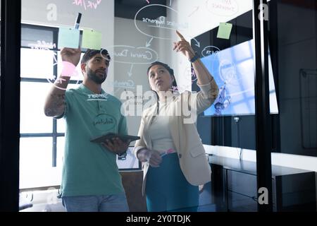 Brainstorming and writing on glass board, colleagues collaborating on project in office Stock Photo