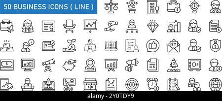 Business line icon set. balance, business, certificate, chair, male, female, chart, information, insurance, interest, bank, salary, target, strategy . Stock Vector