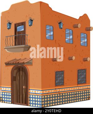 Two-story adobe house with balcony and tiles Stock Vector
