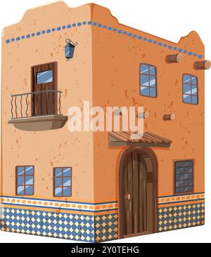 Two-story adobe house with balcony and tiles Stock Vector