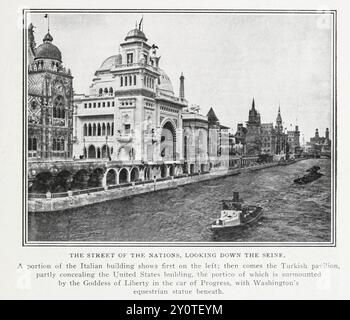 THE STREET OF THE NATIONS, LOOKING DOWN THE SEINE. The Italian building shows first on the left; then comes the Turkish pavilion, partly concealing the United States building, the portico of which is surmounted by the Goddess of Liberty in the car of Progress, with Washington's equestrian statue beneath. from the Article THE PARIS EXPOSITION AS A MECHANICAL ACHIEVEMENT. By Edmund Mitchell from The Engineering Magazine Devoted to Industrial Progress Volume XIX 1900 The Engineering Magazine Co Stock Photo