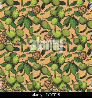 Seamless pattern with hand drawn walnuts. Branch with leaves and ripe nuts. Vector illustration in color engraving technique for nut paste, oil, lique Stock Vector