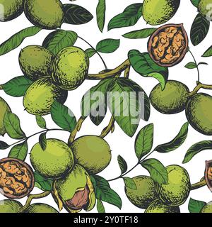 Seamless pattern with hand drawn walnuts. Branch with leaves and ripe nuts. Vector illustration in color engraving technique for nut paste, oil, lique Stock Vector