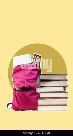 A pink backpack with a calculator and a notebook inside. The backpack is sitting on top of a stack of books. Collage art Stock Photo