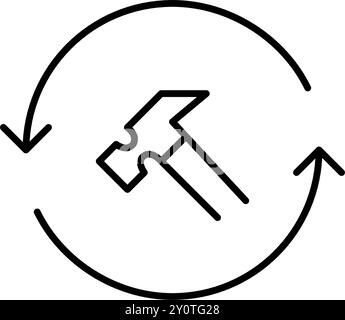 Hammer in renew arrows. Continuous improvements, repairs and fixes. Pixel perfect vector icon Stock Vector