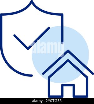 Security shield with checkmark and house. Verified home protection, residence insurance. Pixel perfect, editable stroke icon Stock Vector