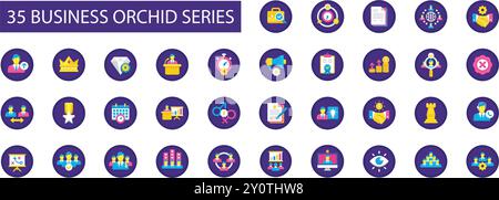 Business Orchid Series icons set. overtime, quality, service, presentation, productivity, promotion, raise, reward, seminar, teamwork, conference, Stock Vector