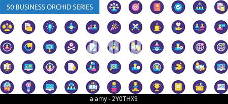 Business Orchid Series icons set. abilities, goal, report, approved, budget, business, carrier, celebration, conflict, customer,  data, employee, fund Stock Vector