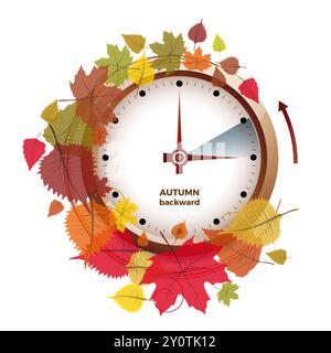 Vector illustration of a clock showing the time change when daylight savings time ends in the autumn from three o'clock to two o'clock in Europe. Whit Stock Vector