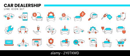 Auto dealership thin line icon set of car dealer, automotive industry, rental service or vehicle trade center. Linear symbols of repair, maintenance, transportation insurance, exchange or buy new cars Stock Vector