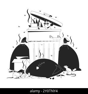 Upset asian woman sitting in waste container cartoon black and white line illustration Stock Vector