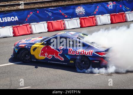 Red Bull Showrun Lisboa 2023. Formula 1 demonstration for motorsports fans in Belém, Lisbon, Portugal. Red Bull BMW M4 drift car. Stock Photo