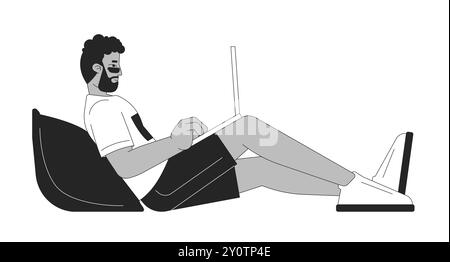 African american man working on laptop black and white 2D line character Stock Vector