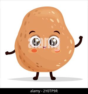 Cartoon character happy potato standing and waving hand, excited smiling expression, saying hello, flat vector illustration isolated on white backgrou Stock Vector