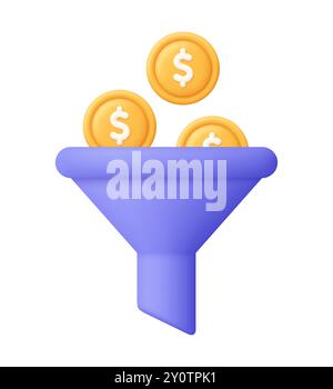 Funnel and coins with dollar sign. Money filter. Online marketing, digital investment, sales, finance and business concept. 3d vector icon. Cartoon mi Stock Vector