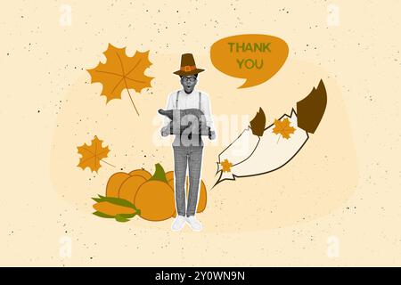 Composite photo collage of shocked american guy hold roasted turkey pumpkin thanksgiving celebration banquet isolated on painted background Stock Photo