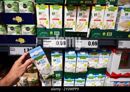Vegan plant-based milks in a store Stock Photo