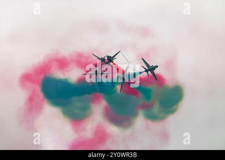 Hawk Trainers of the Saudi Falcons Aerobatic Display Team perform a dynamic and exciting formation break during their excellent display at the RIAT Stock Photo