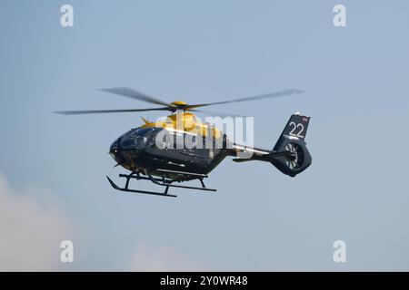 Airbus EC135 Juno HT1 Helicopter ZM522 of the British Royal Air Force No.1 Flying Training School arrive at RAF Fairford for the 2024 RIAT Stock Photo