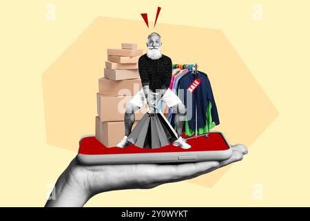 Collage promo poster of funny happy senior man holding packages online shopping cconcept isolated on drawing background Stock Photo