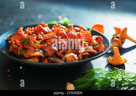 Dish with fried chanterelles, herbs and spices on black slate board.  Food background. Stock Photo