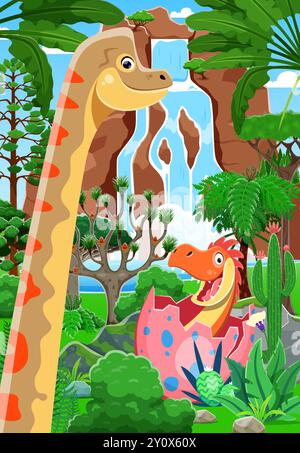 Cartoon prehistoric dinosaurs. Vector engaging scene with funny brachiosaurus character and newborn baby dino hatching from the egg amidst lush jungle landscape with a waterfall and tropical greenery Stock Vector