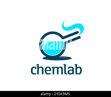 Science lab icon. Isolated vector emblem for scientific chemical laboratory with round-bottom flask containing a blue liquid and emitting a small wisp of vapor, and word chemlab in sans-serif typeface Stock Vector