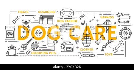 Dog pet care line icons vector set include treats, doghouse, carrier and harness. Grooming tools like scissors and brushes, clothes and toys, bones, canned food. Production for domestic canine animals Stock Vector