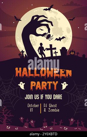 Happy Halloween party poster vector, graveyard, candies and scary pumpkin. Art cover horror night. happy halloween banner, halloween banner vector Stock Vector