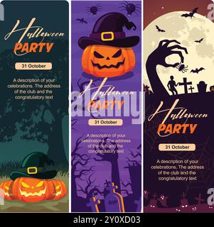 Happy Halloween party poster vector, graveyard, candies and scary pumpkin. Art cover horror night. happy halloween banner, halloween banner vector Stock Vector