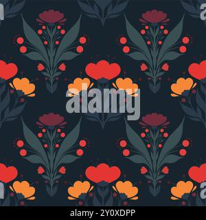Vector decorative floral seamless pattern. Geometric surface design with silhouettes of flowers bouquets on dark background. Simple floral ornament Stock Vector