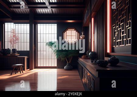 Minimal interior design in japanese style. Asian living room with home decor. Traditional asian architecture aesthetic. Stock Photo