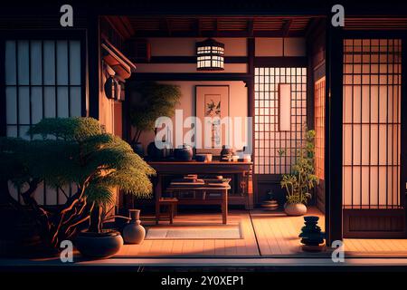 Minimal interior design in japanese style. Asian living room with house plants. Traditional asian architecture aesthetic. Stock Photo