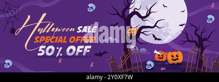 Happy Halloween Banner, Halloween sale banner, Halloween spooky night poster vector Stock Vector