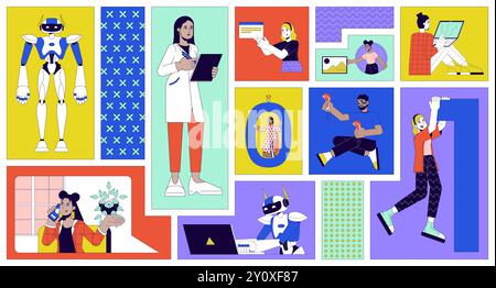 Software development people bento grid illustration set Stock Vector
